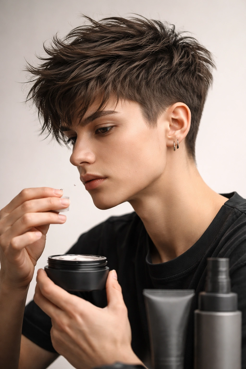 Portrait of a person with a matte-finish textured haircut in a minimal studio