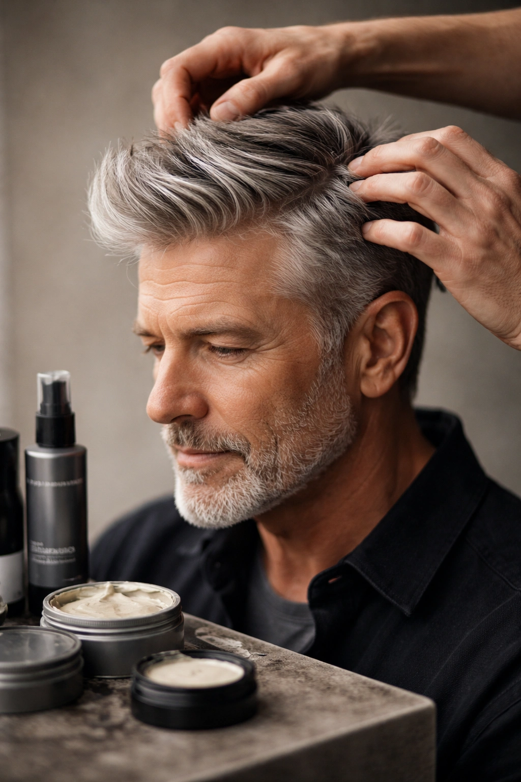 Close-up of a mature man applying matte paste to textured hair