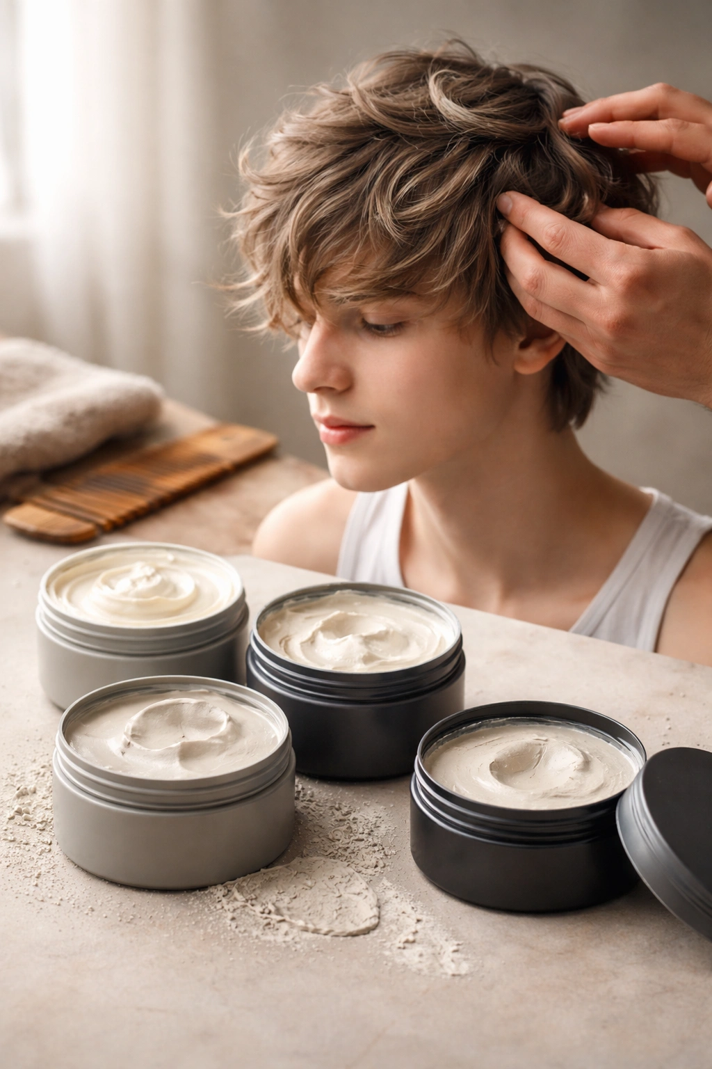 Matte styling products and hands styling hair for a soft textured look