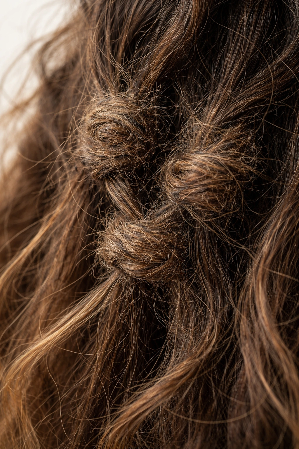 Close-up of densely tangled matted hair showing interwoven knots.