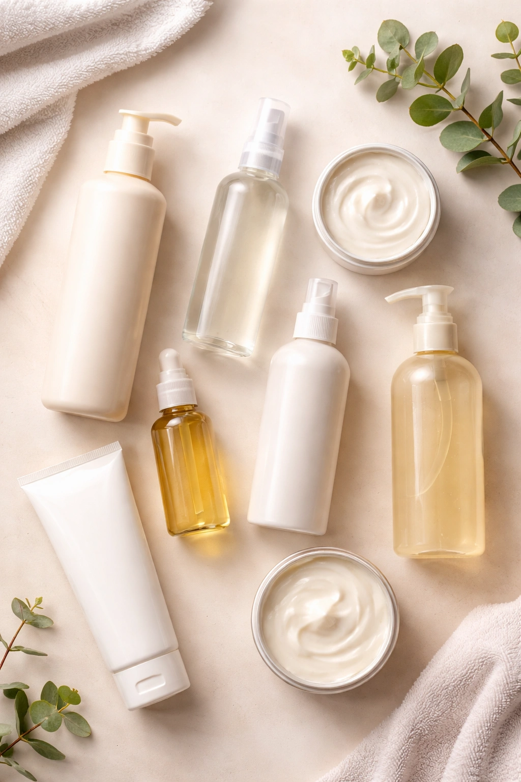Unlabeled hair care bottles on a clean surface