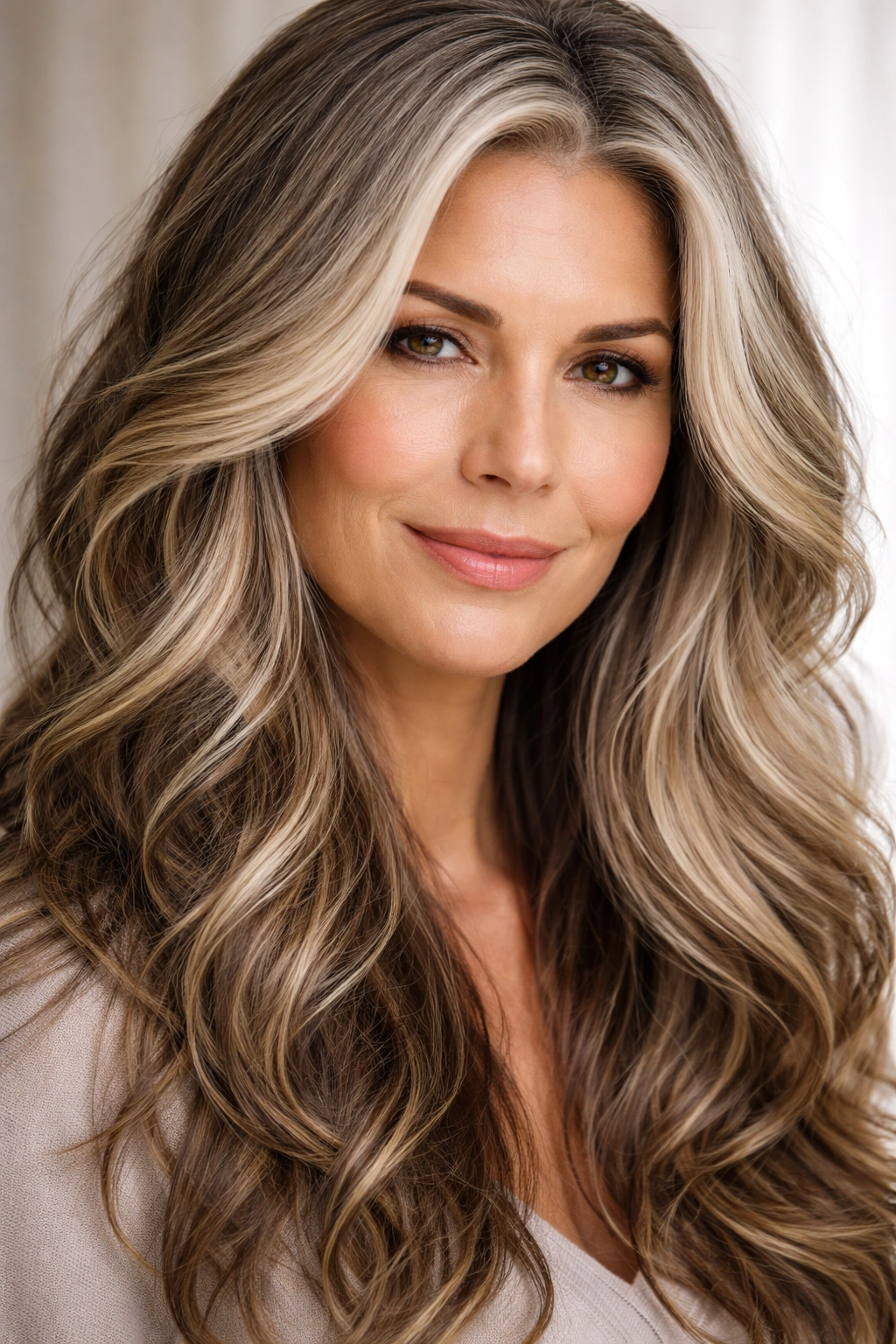 Mature hair with dimensional color blending gray with warm highlights