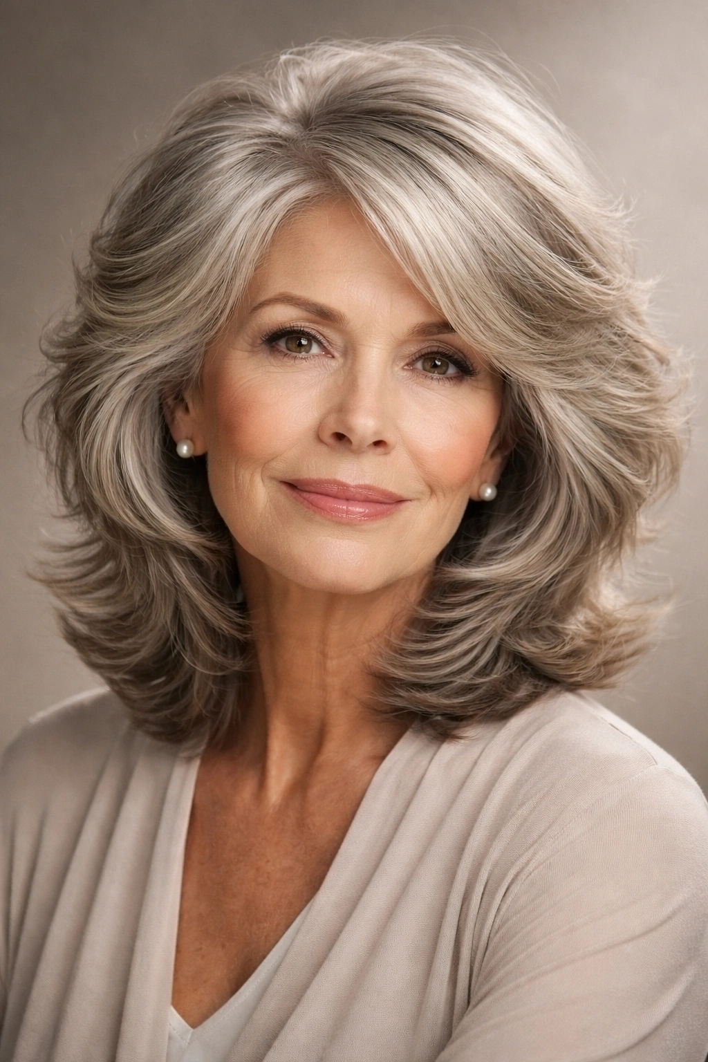 Close-up of mature woman's layered feathered haircut showing movement.