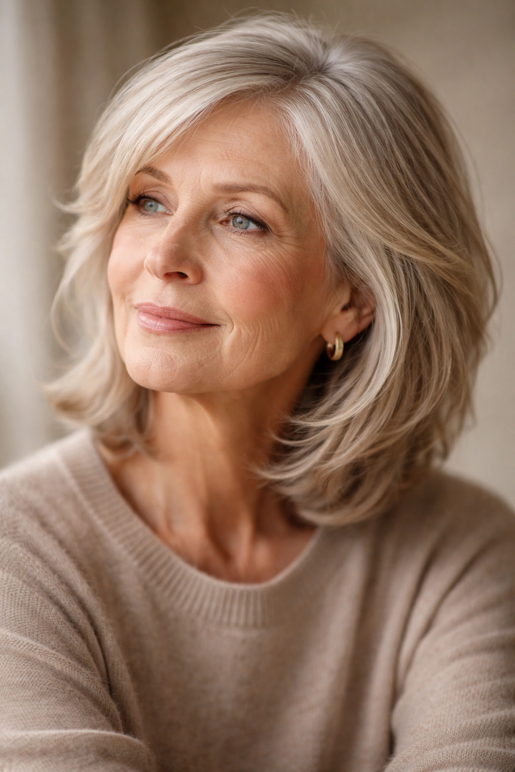 15 Hairstyles For Women Over 70 With Fine Hair 16 Reflective portrait of a mature woman with fine hair and soft lighting.