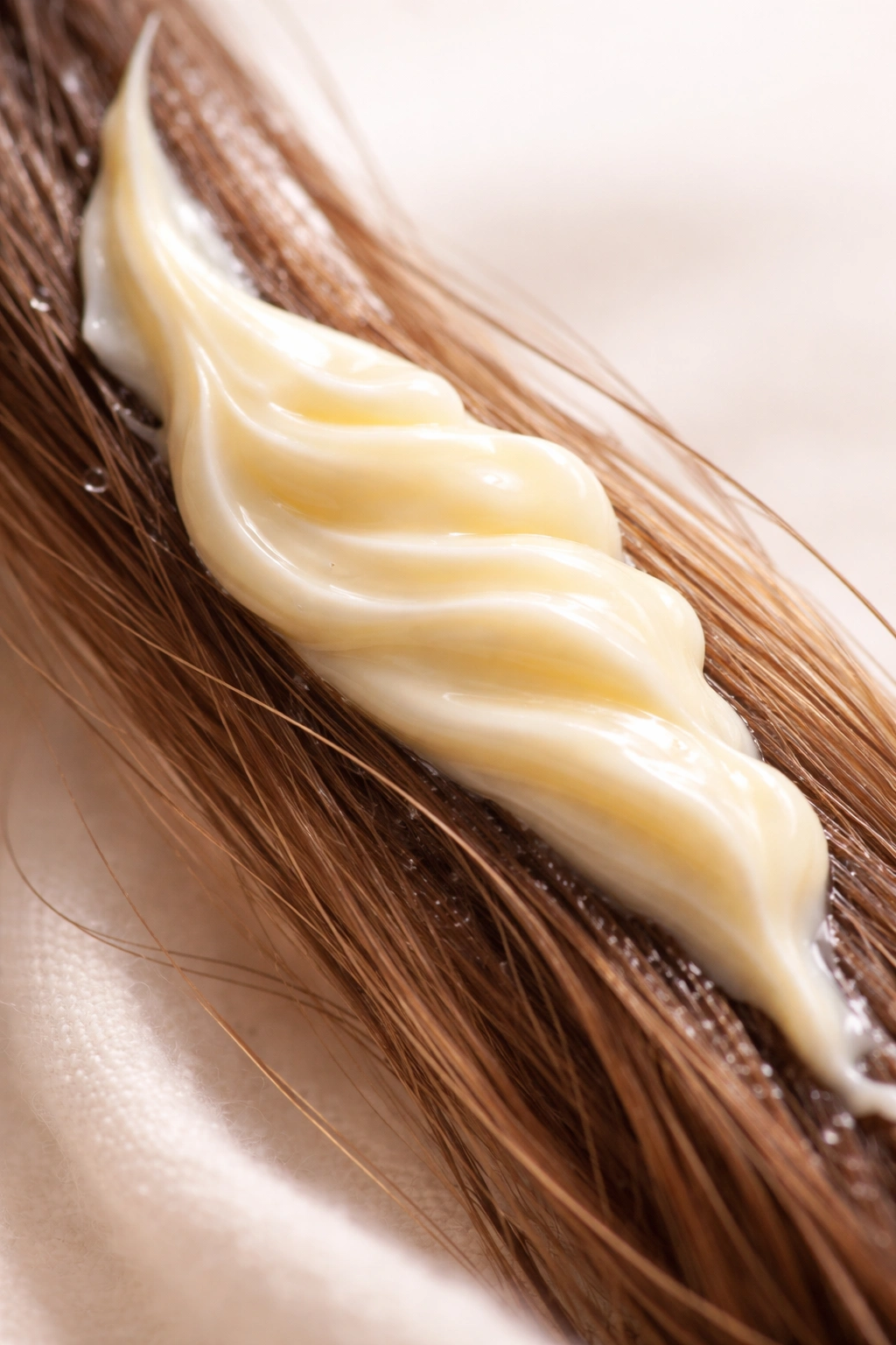 Hair strand coated with mayonnaise for protein and shine