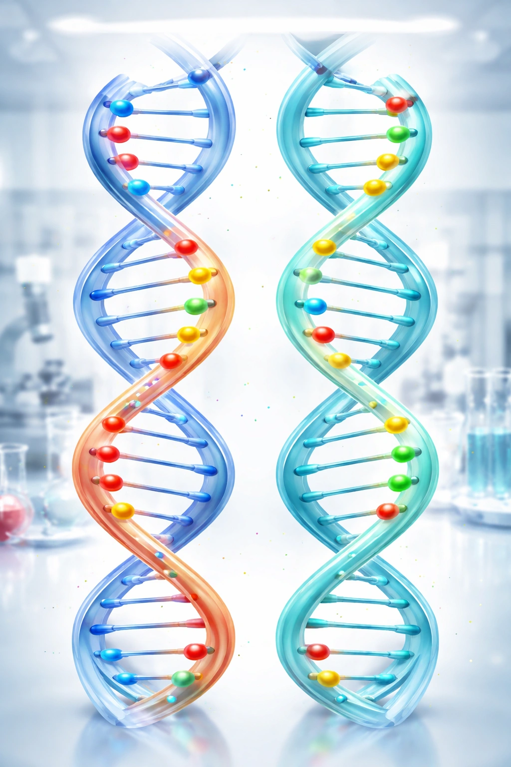 Abstract DNA helices with color-coded variants illustrating MC1R haplotype exclusivity and the flip-flop concept