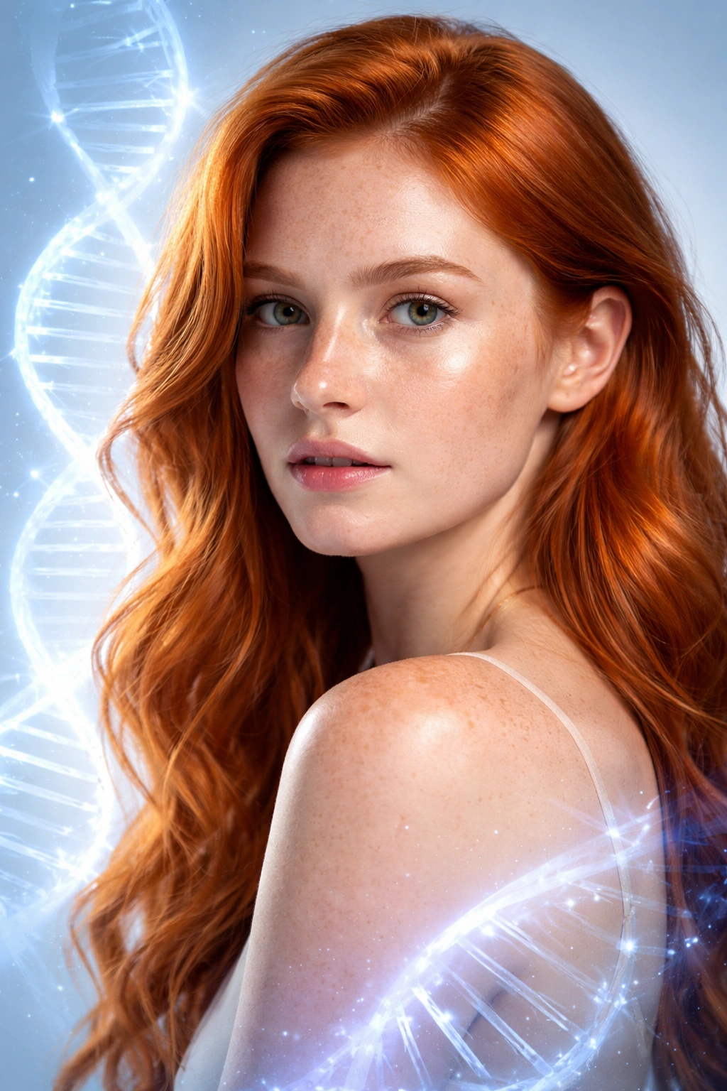 Portrait of pale-skinned redhead under UV light with subtle DNA strand overlay suggesting health implications