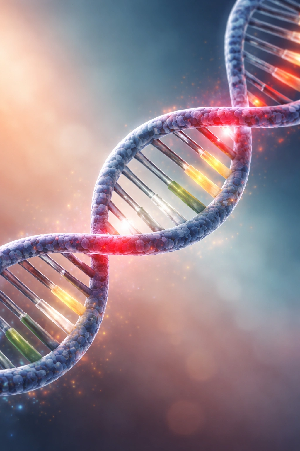 DNA strand with color-coded segments representing different MC1R mutation types.