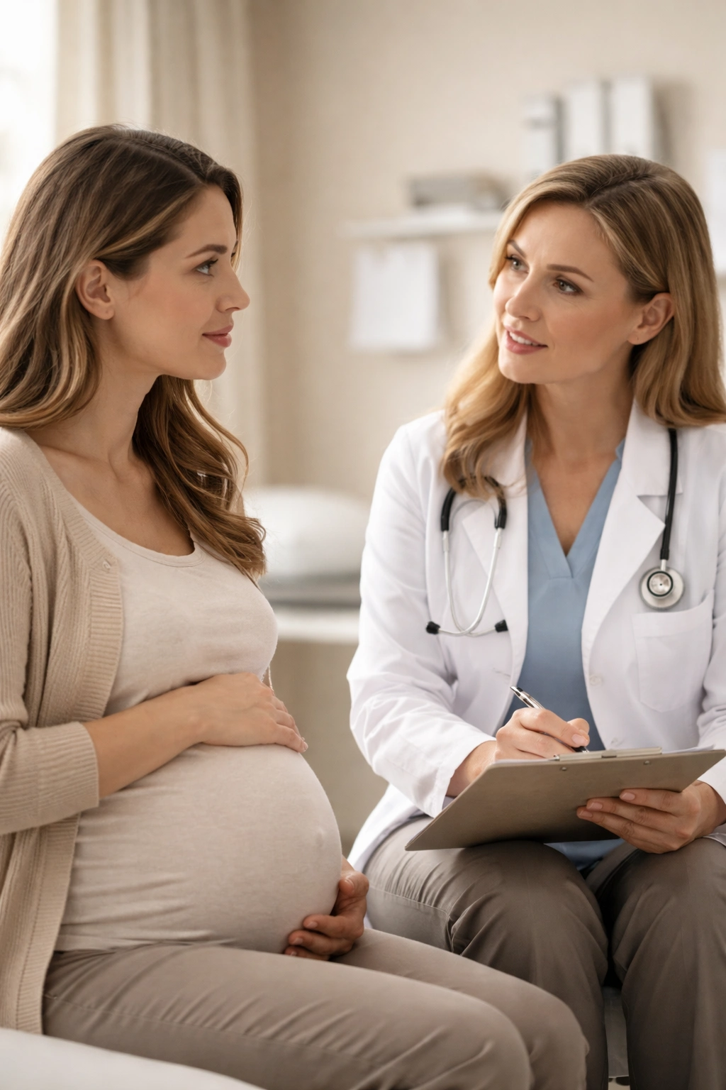 Doctor advising patient in clinic about delaying laser hair removal during pregnancy.