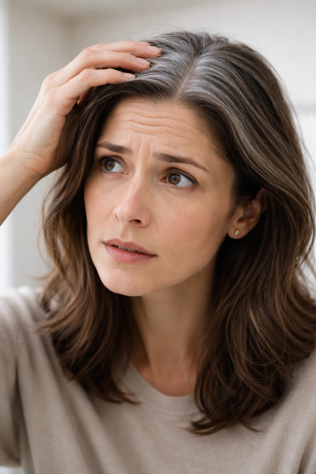 Person with a concerned expression considering medical evaluation for hair color changes