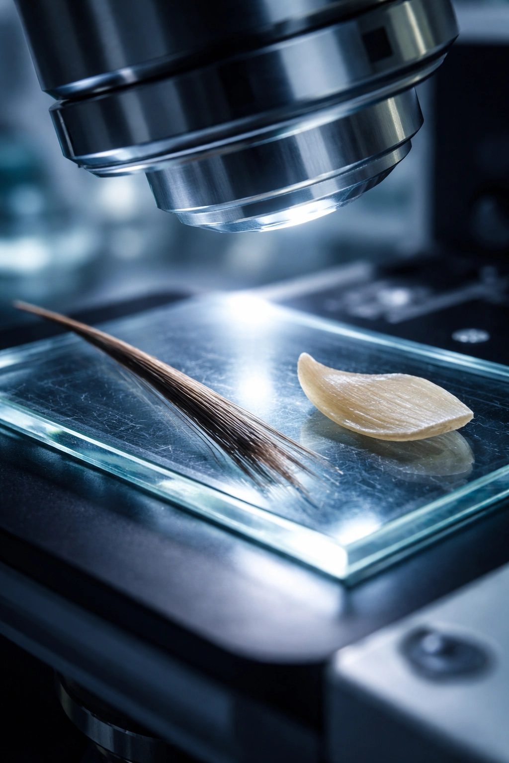 Close-up hair and nail samples under microscope illustrating medical research on postmortem growth.