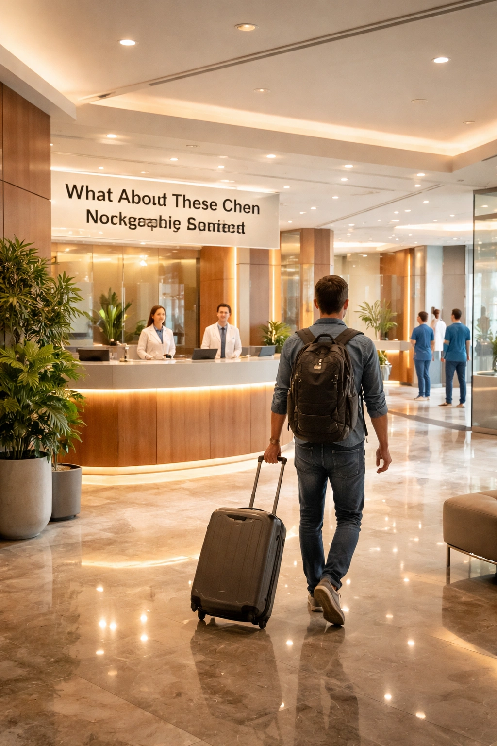 Traveler approaching medical facility interior, implying medical tourism
