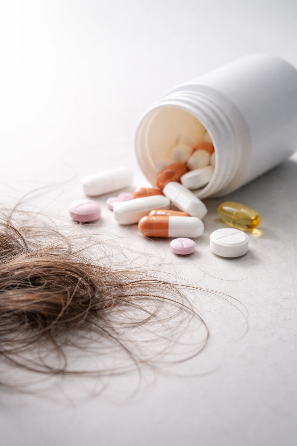 Unmarked medicine bottle with pills suggesting drug-induced hair loss.