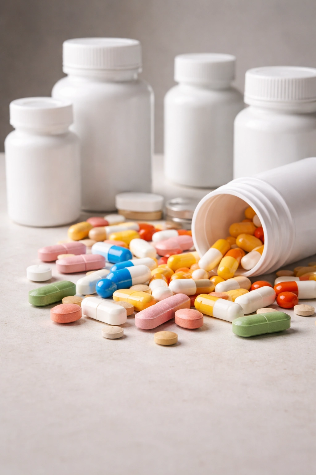 Assorted pills and unlabeled medication bottles on a neutral surface representing drugs that may cause hair loss