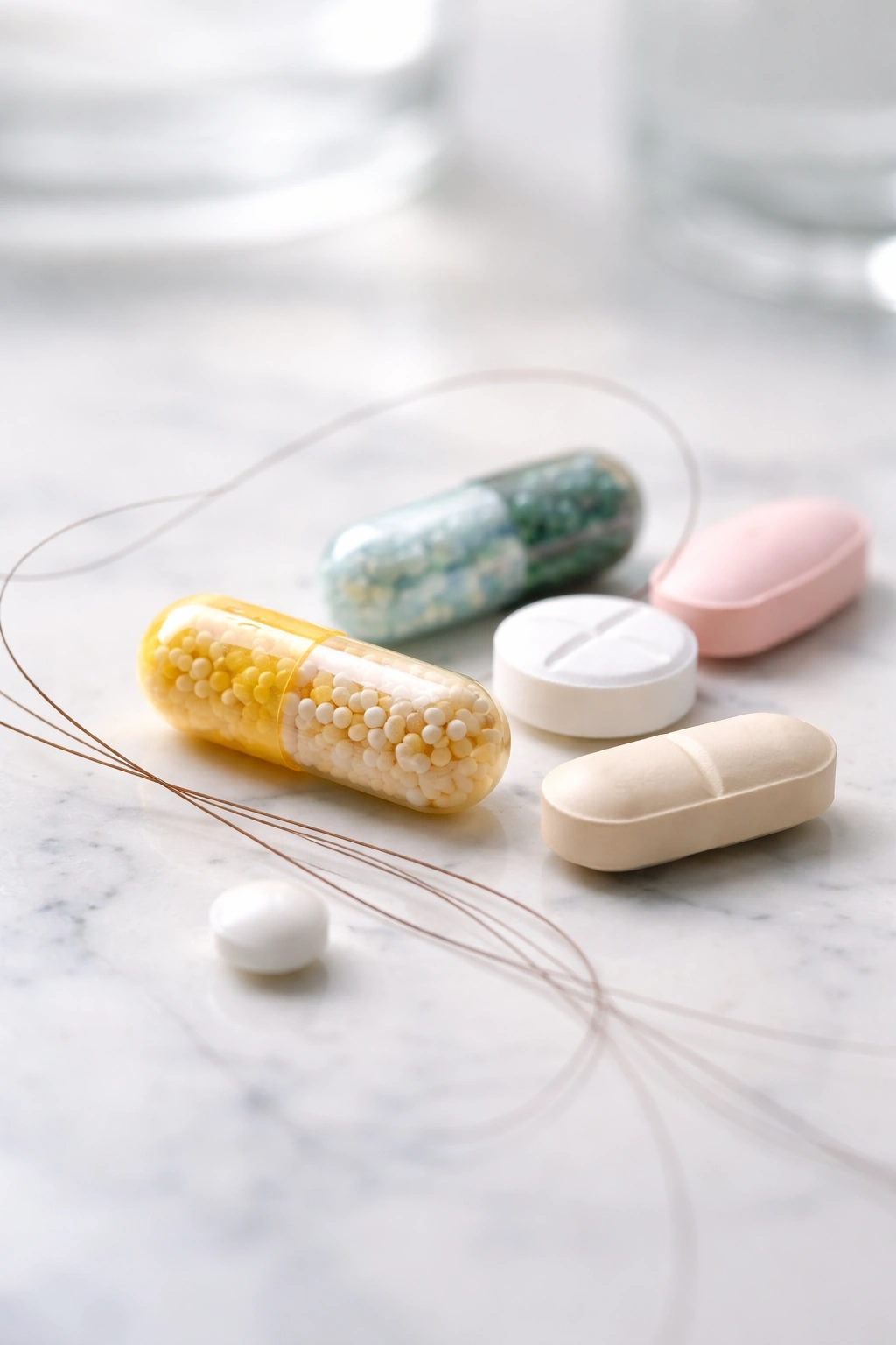 Close-up of pills with a hair strand, illustrating medications affecting hair shedding