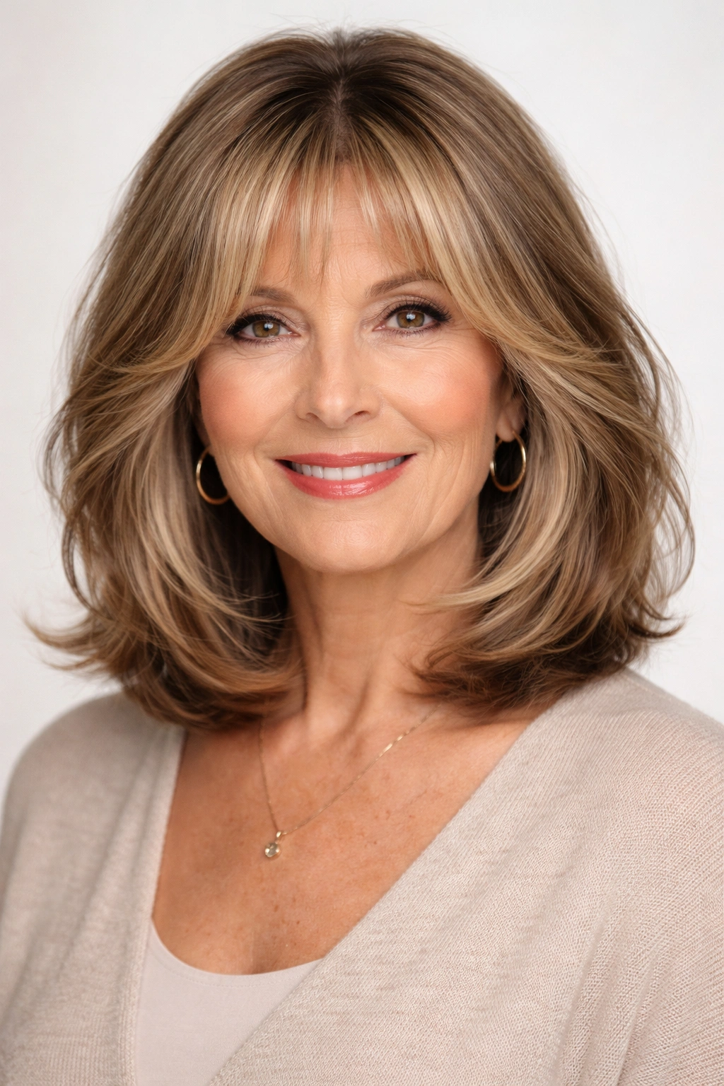 Medium bob with curtain bangs and face-framing highlights