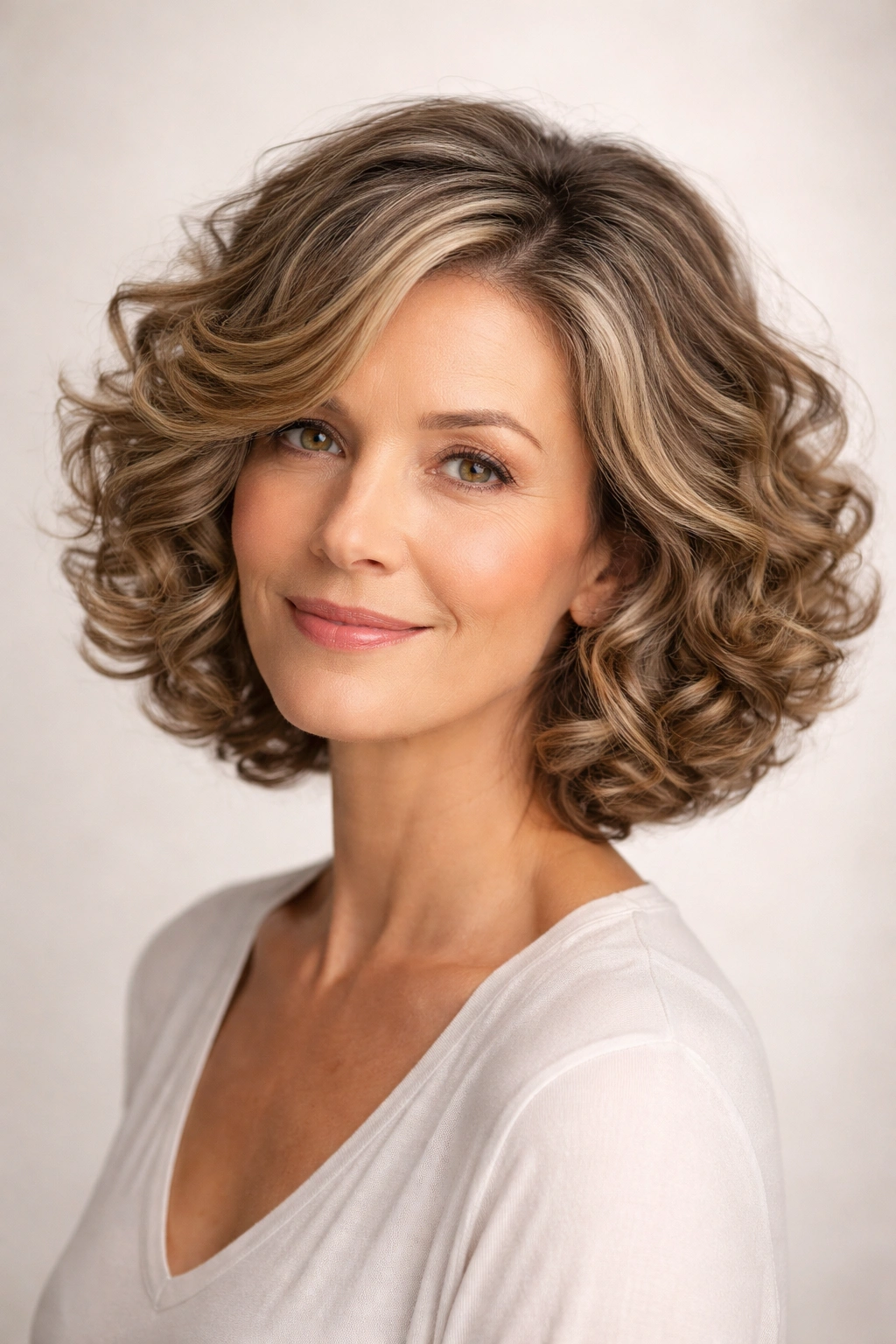 Medium-length curly bob with deep side part showing volume and defined coils