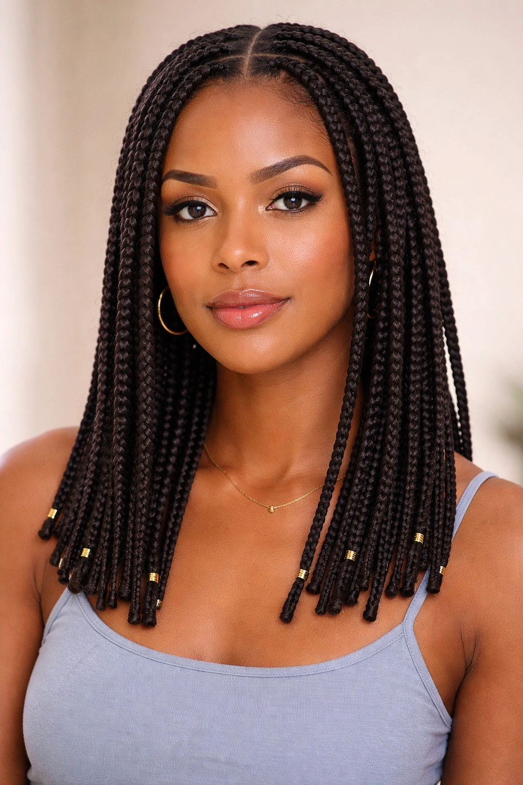 Portrait of shoulder-length hair with evenly sized medium knotless box braids
