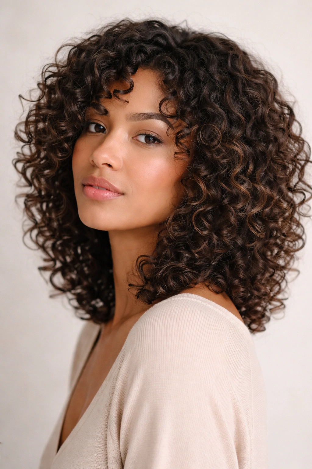 Medium-length layered curls from chin to shoulder with visible layers