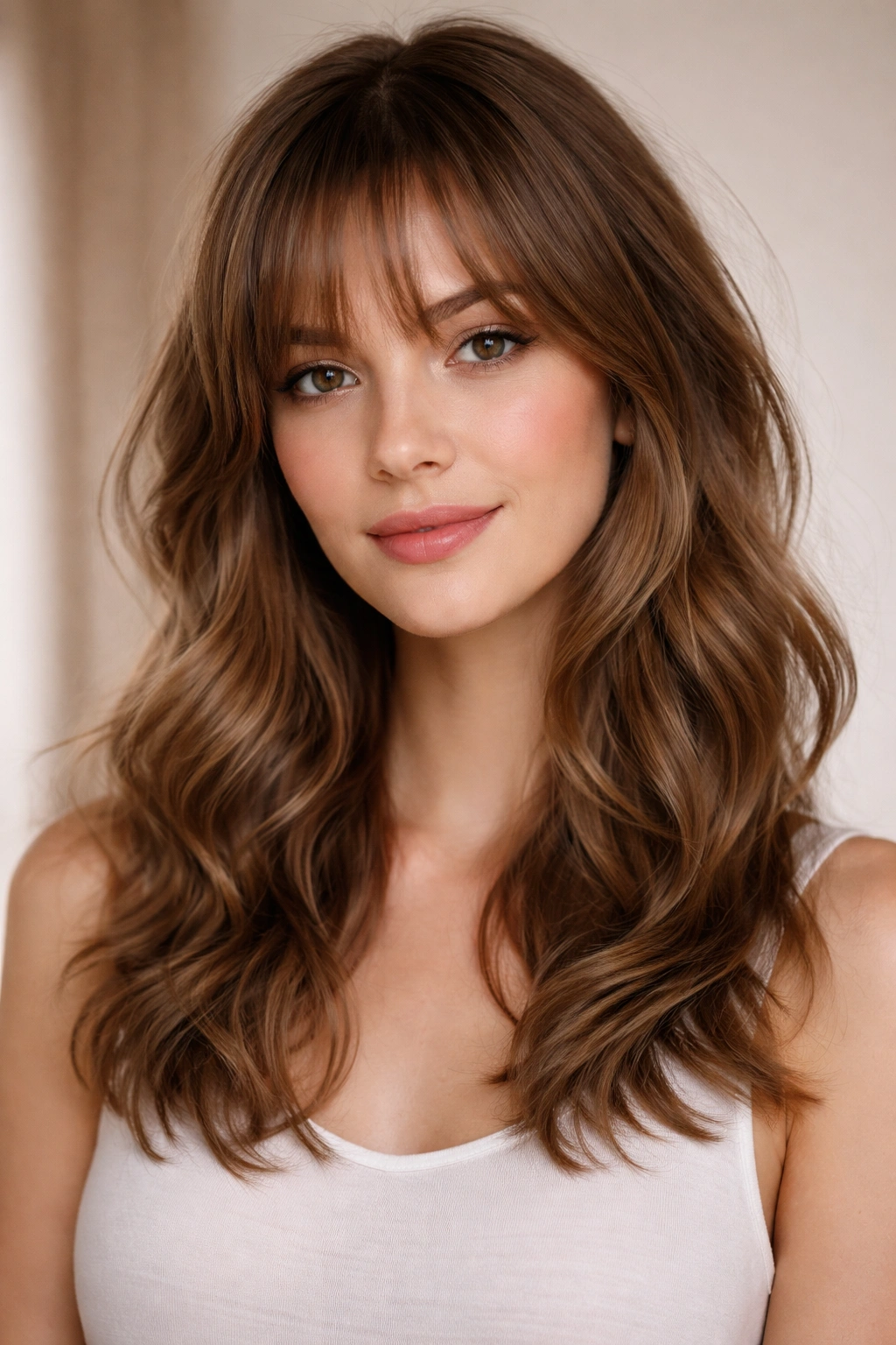 Medium-length hair with wispy bangs and soft waves