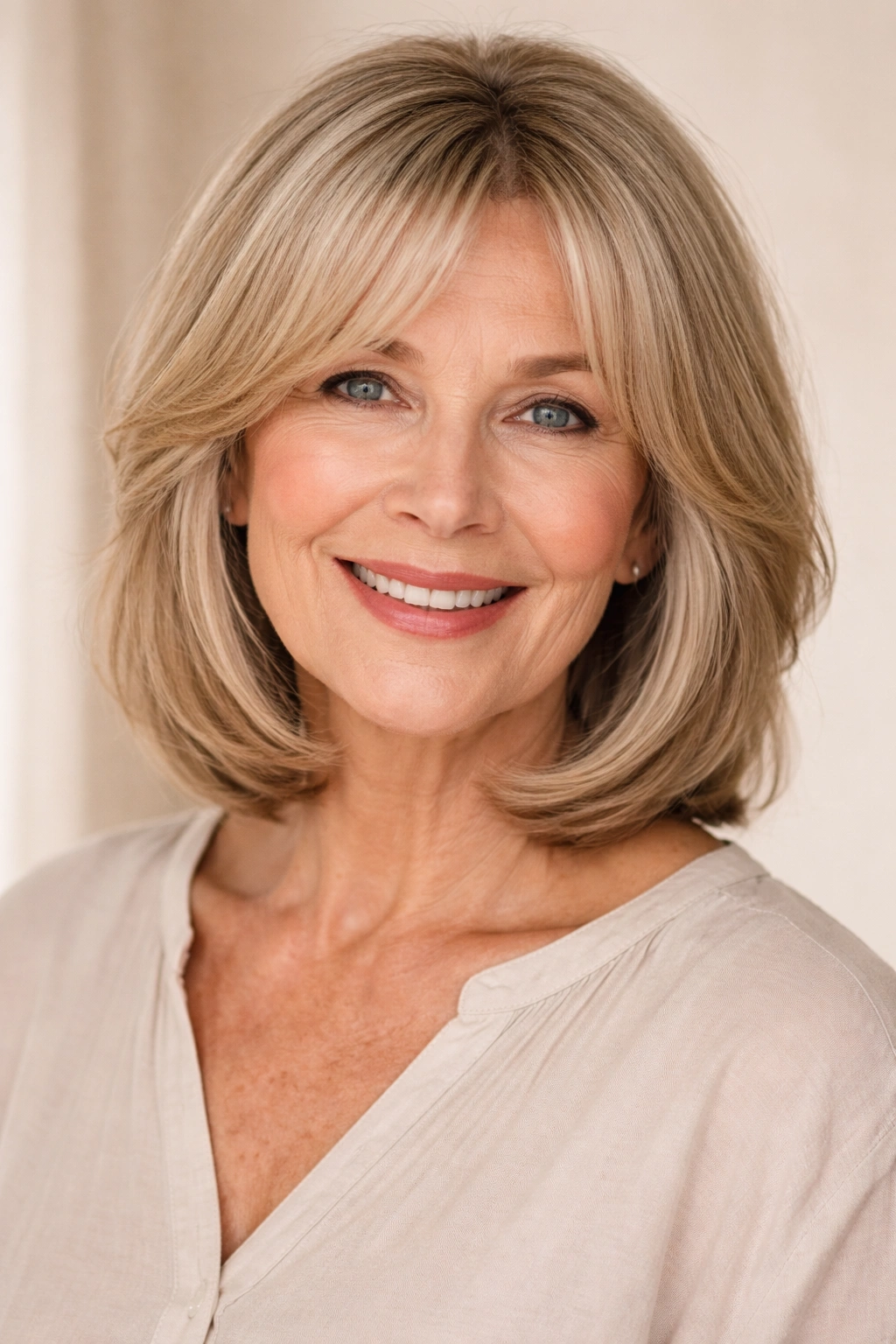Portrait of a woman with a medium-length bob and curtain bangs, face-framing fringe in soft studio light