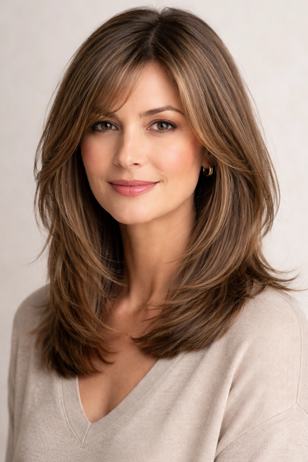 Medium-length haircut with face-framing layers starting below the chin.