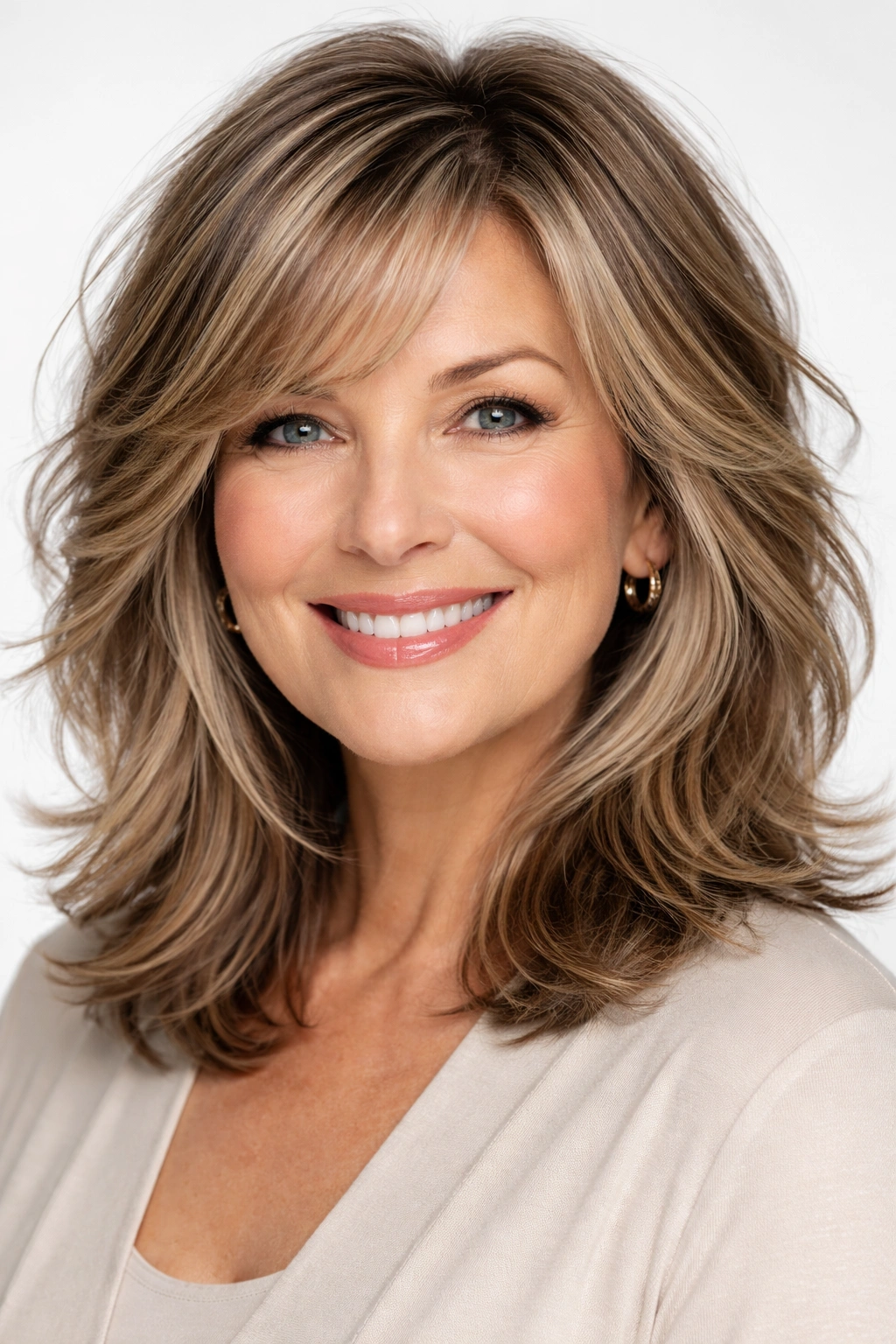 Woman's medium-length hair with choppy layers and balayage highlights.