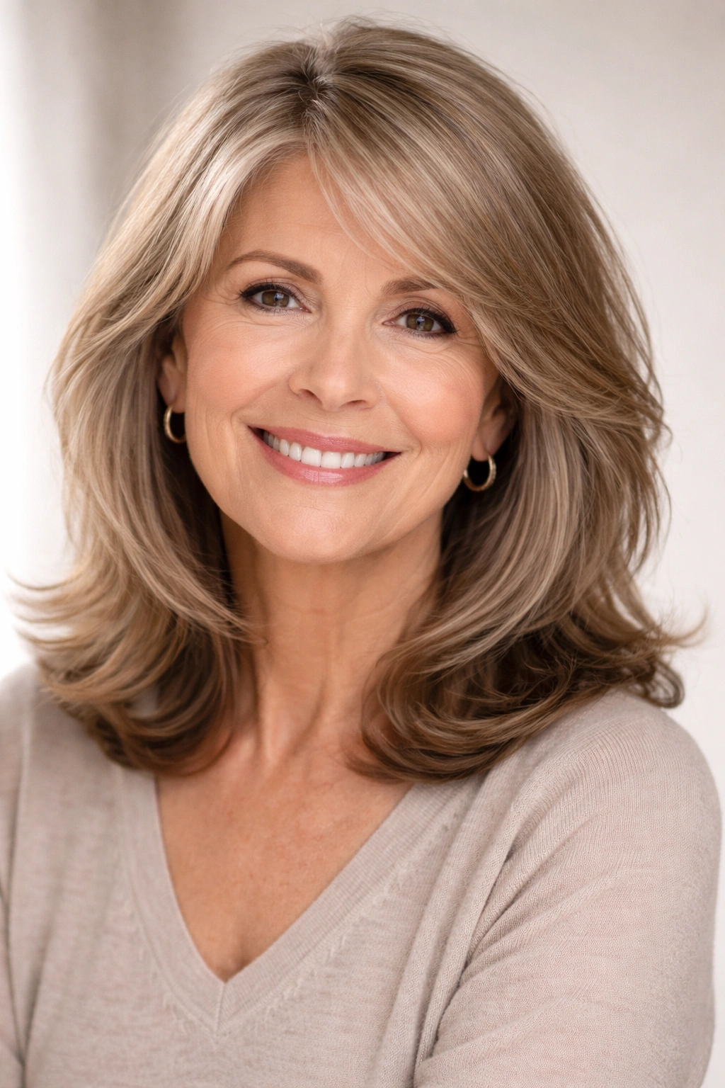 Mature woman with shoulder-length hair featuring soft layers and volume.