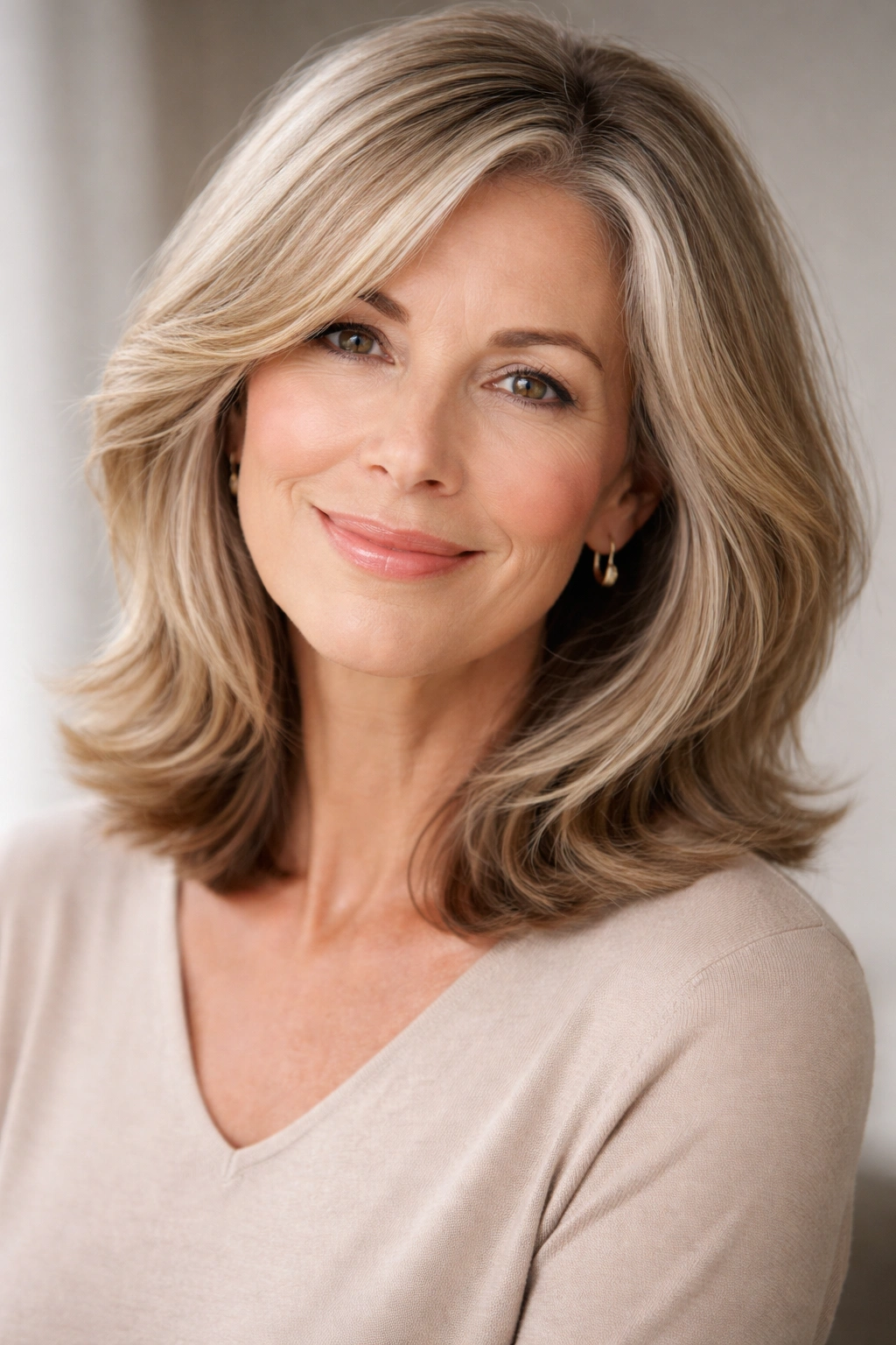 Portrait of a mature woman with medium-length hair in soft waves.