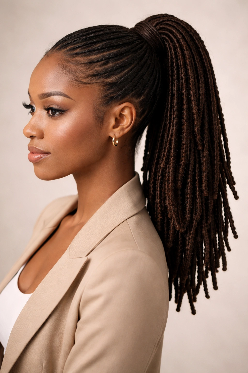 Shoulder-blade length locs in a sleek high ponytail