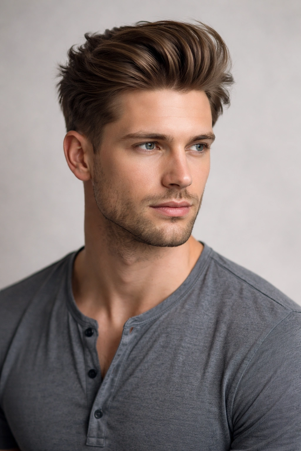 Medium-length straight hair with voluminous pompadour look on a man