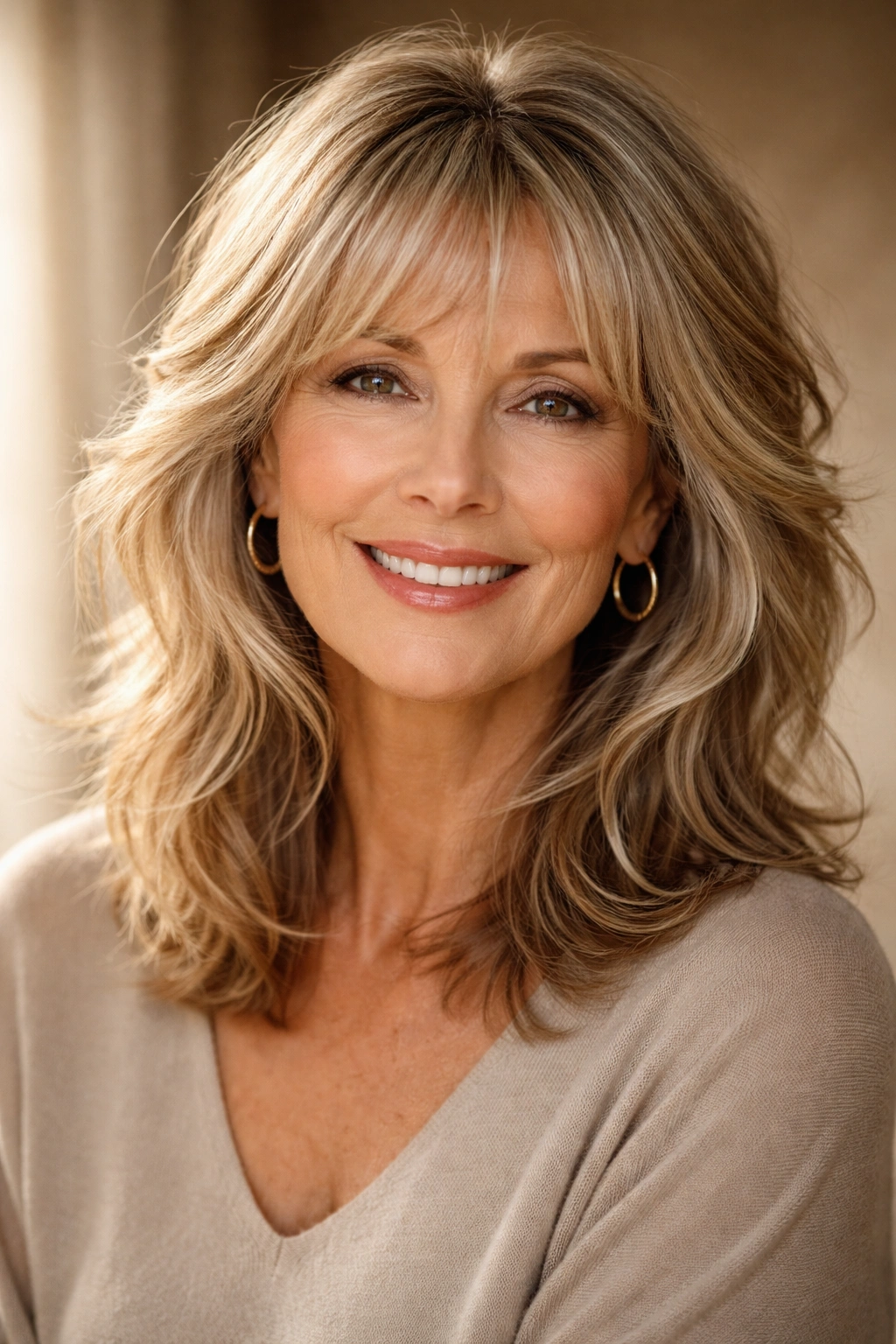 Shoulder-length shag hairstyle with face-framing layers for older woman with waves