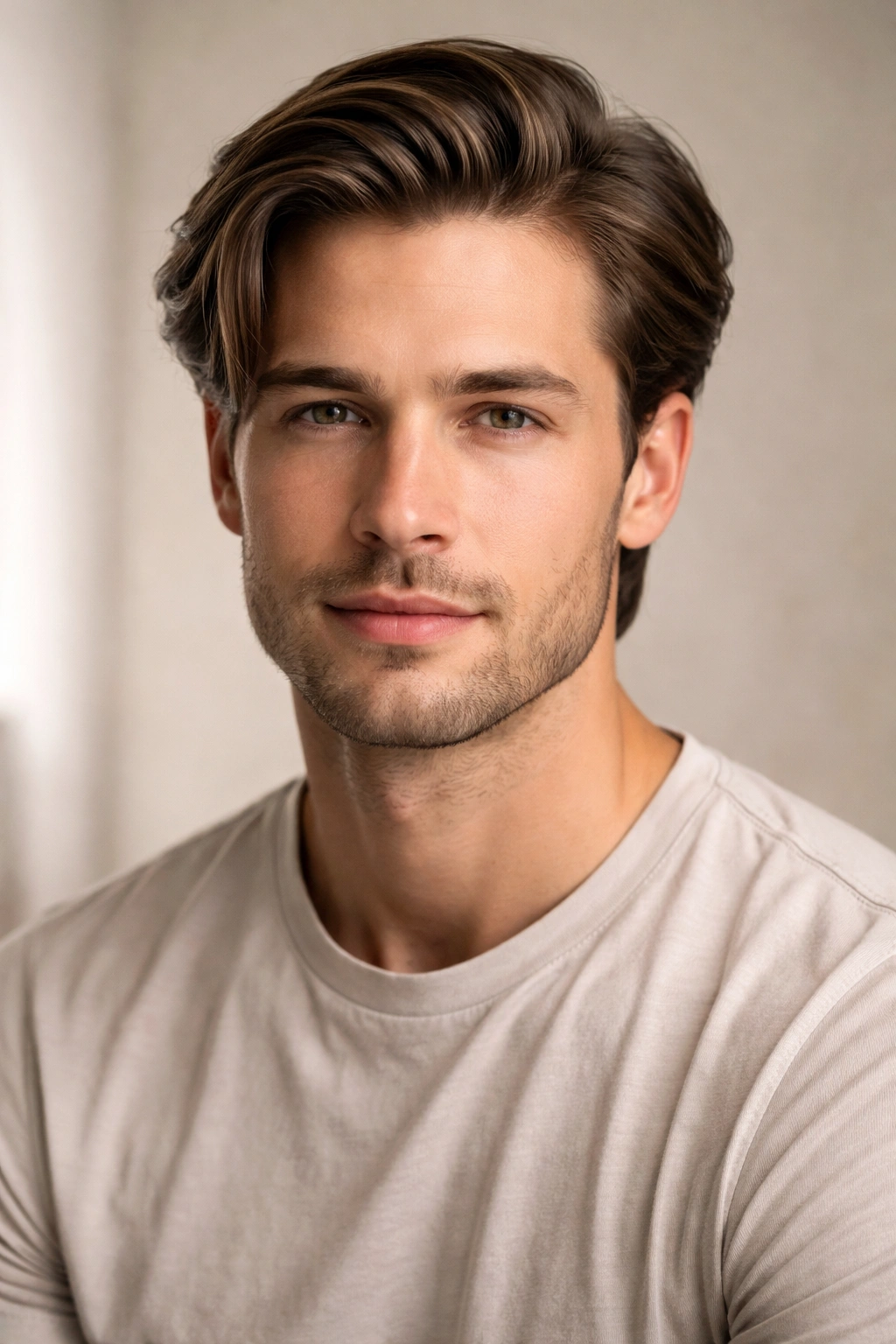 Portrait of a man with medium-length hair swept to the side in a defined part