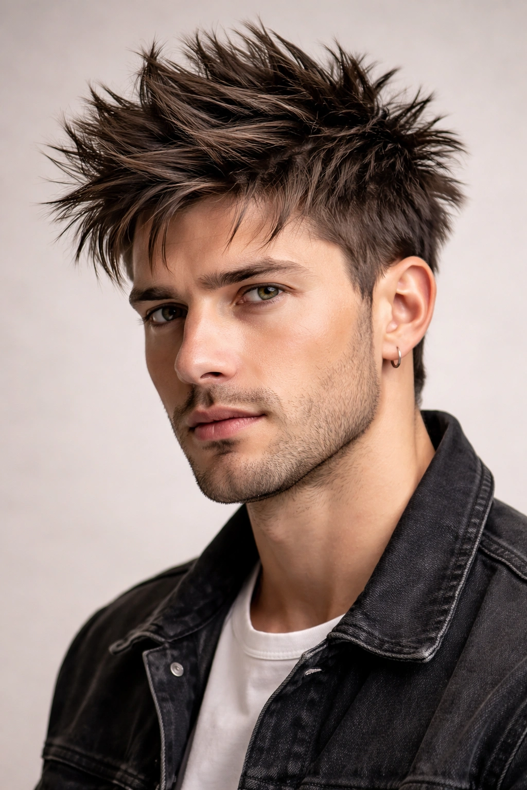 Portrait of medium-length spiky hair with layered texture and messy spikes