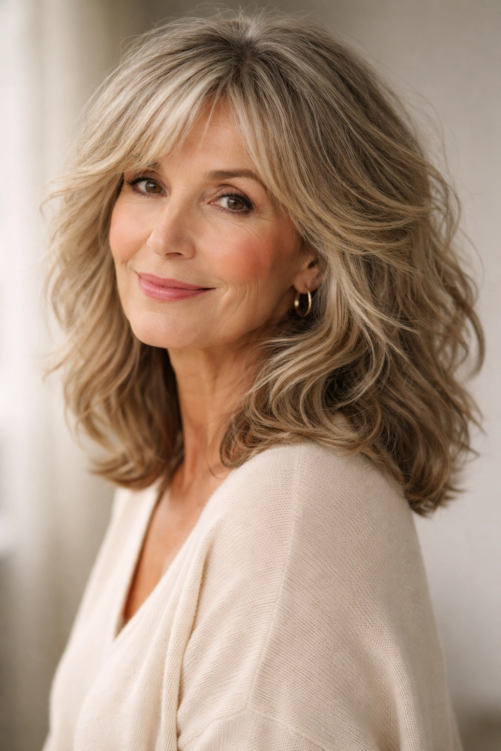 15 Gorgeous Hairstyles For Women Over 65 15 Medium-length hair with texture and waves on a mature woman.