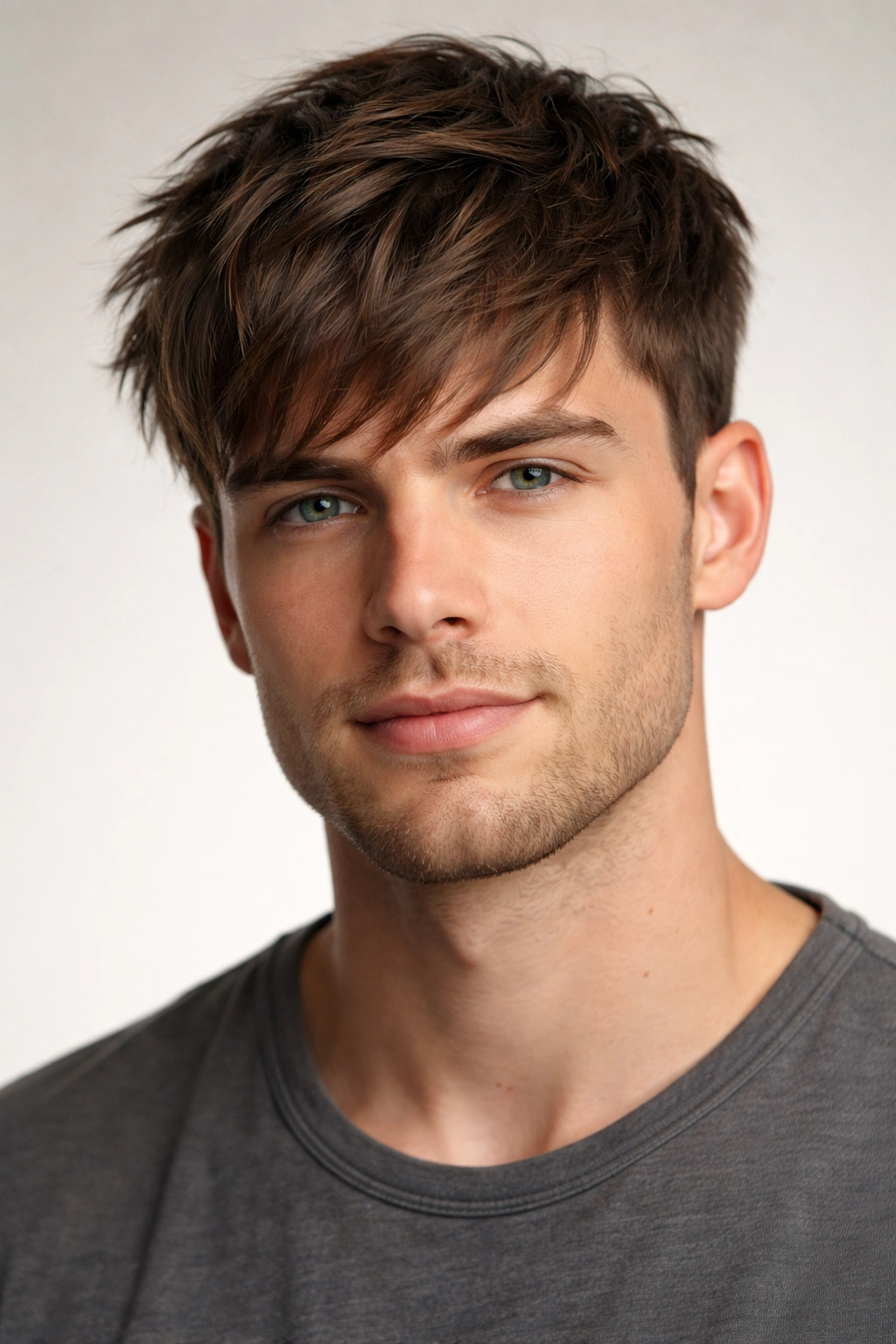 Medium-length textured fringe hairstyle on male model