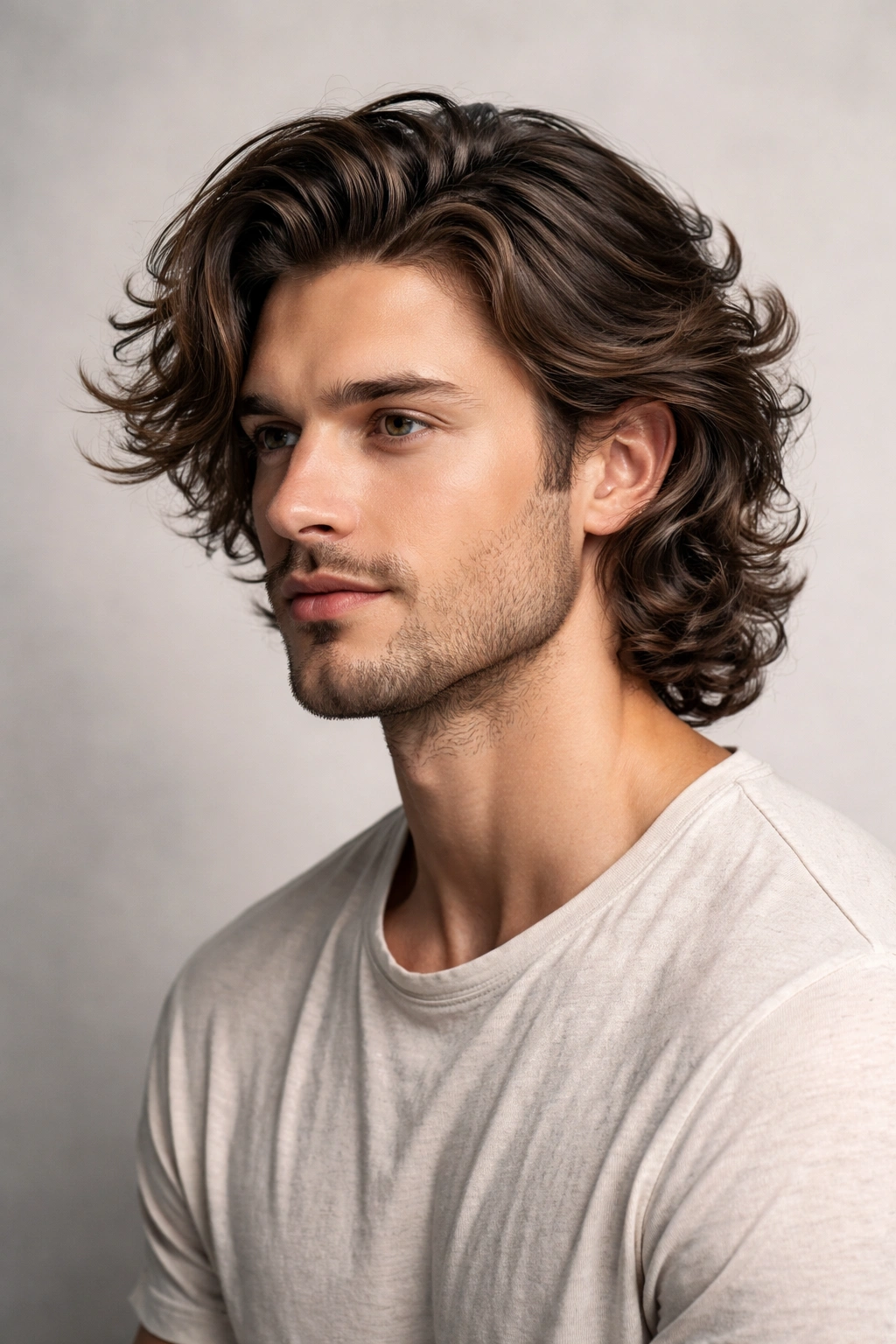 Man with medium-length wavy hair and natural layers