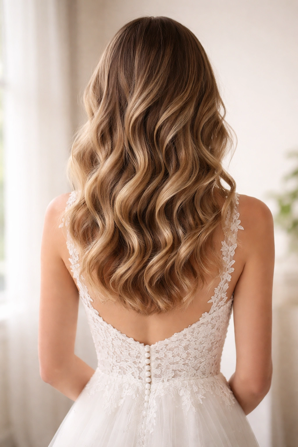 Bride with medium-length hair in loose cascading waves down the back