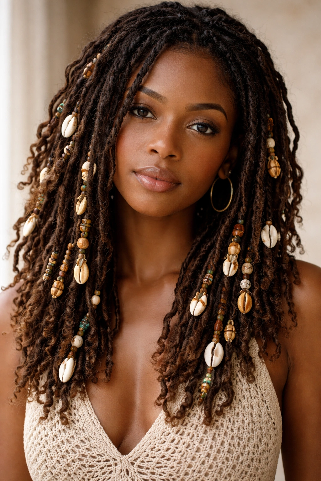 Medium locs adorned with shells and beads in clusters around shoulders