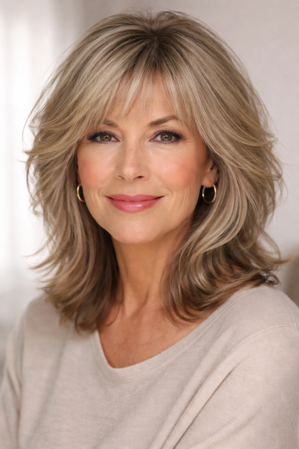 Mature woman with shoulder-length shag showing crown volume and face-framing layers
