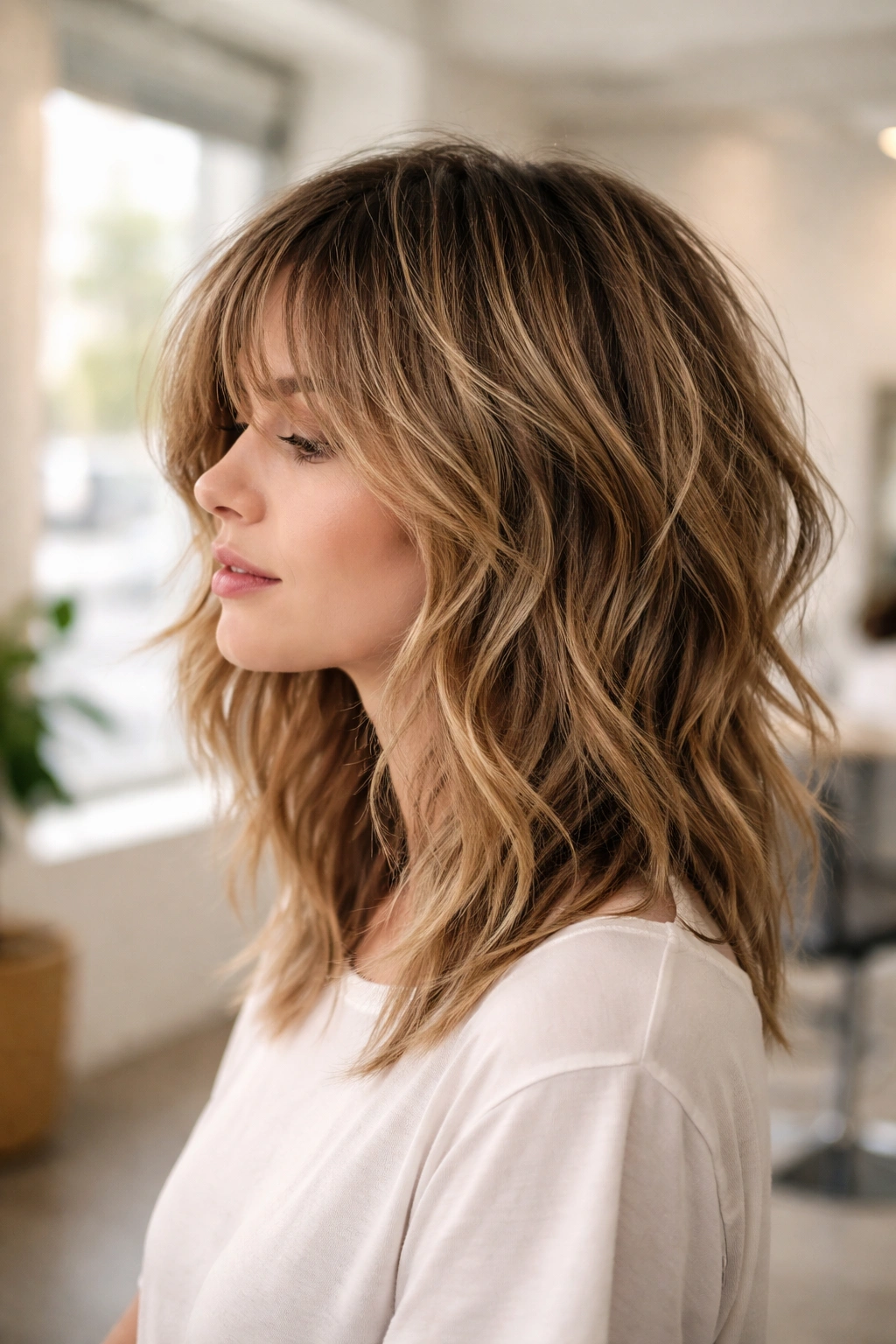 Close-up profile of a person with a textured medium shag haircut showing movement