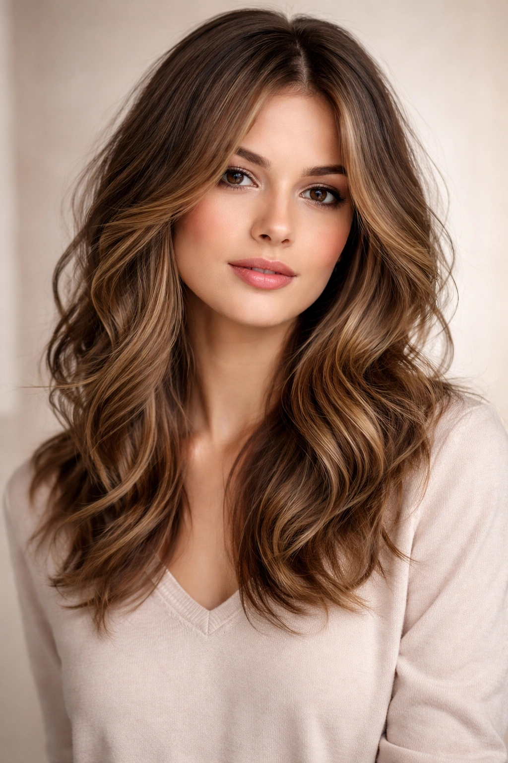 Portrait of hair with medium-length waves and layered cut