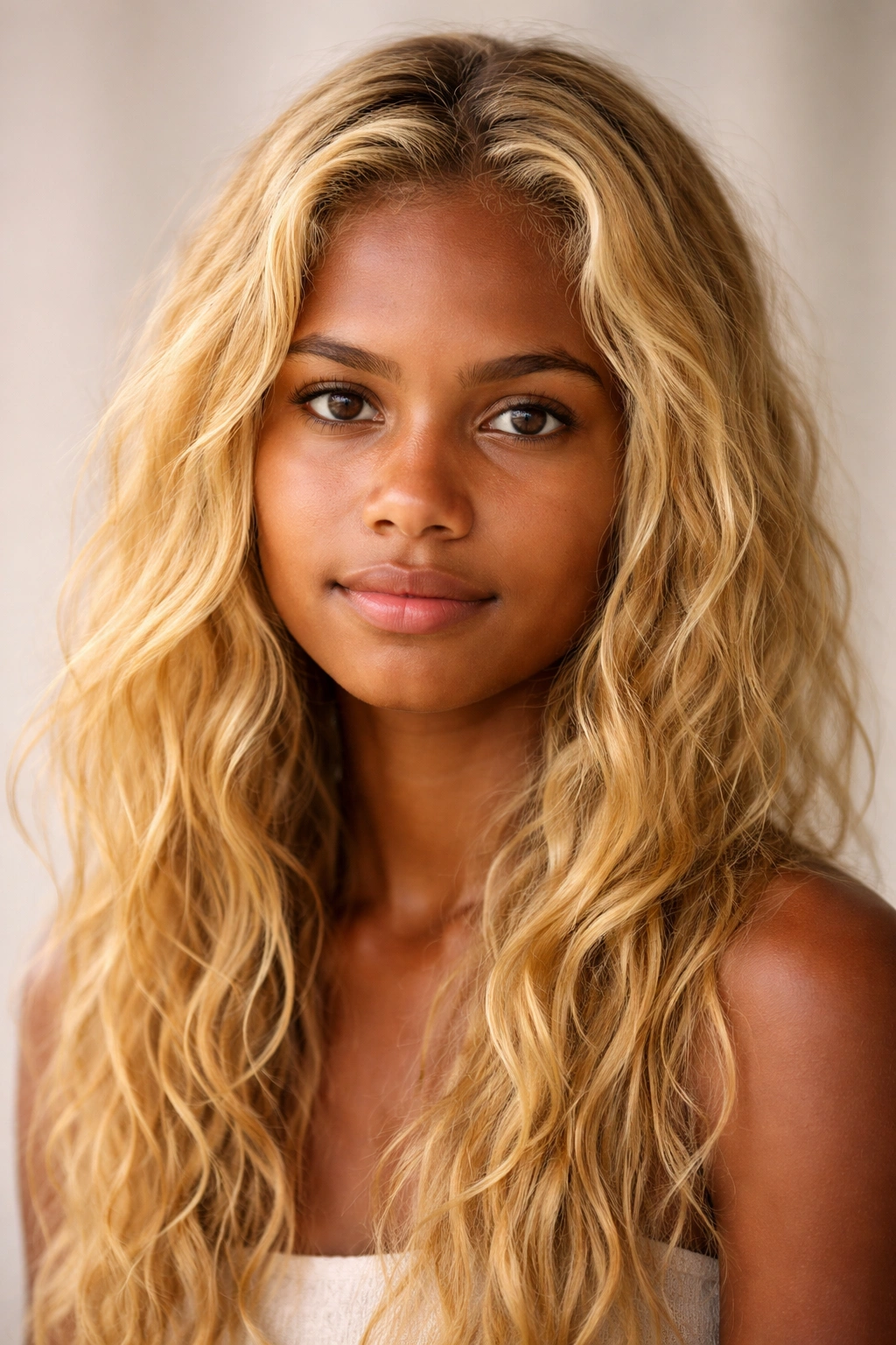Melanesian individual with natural blonde hair in studio portrait