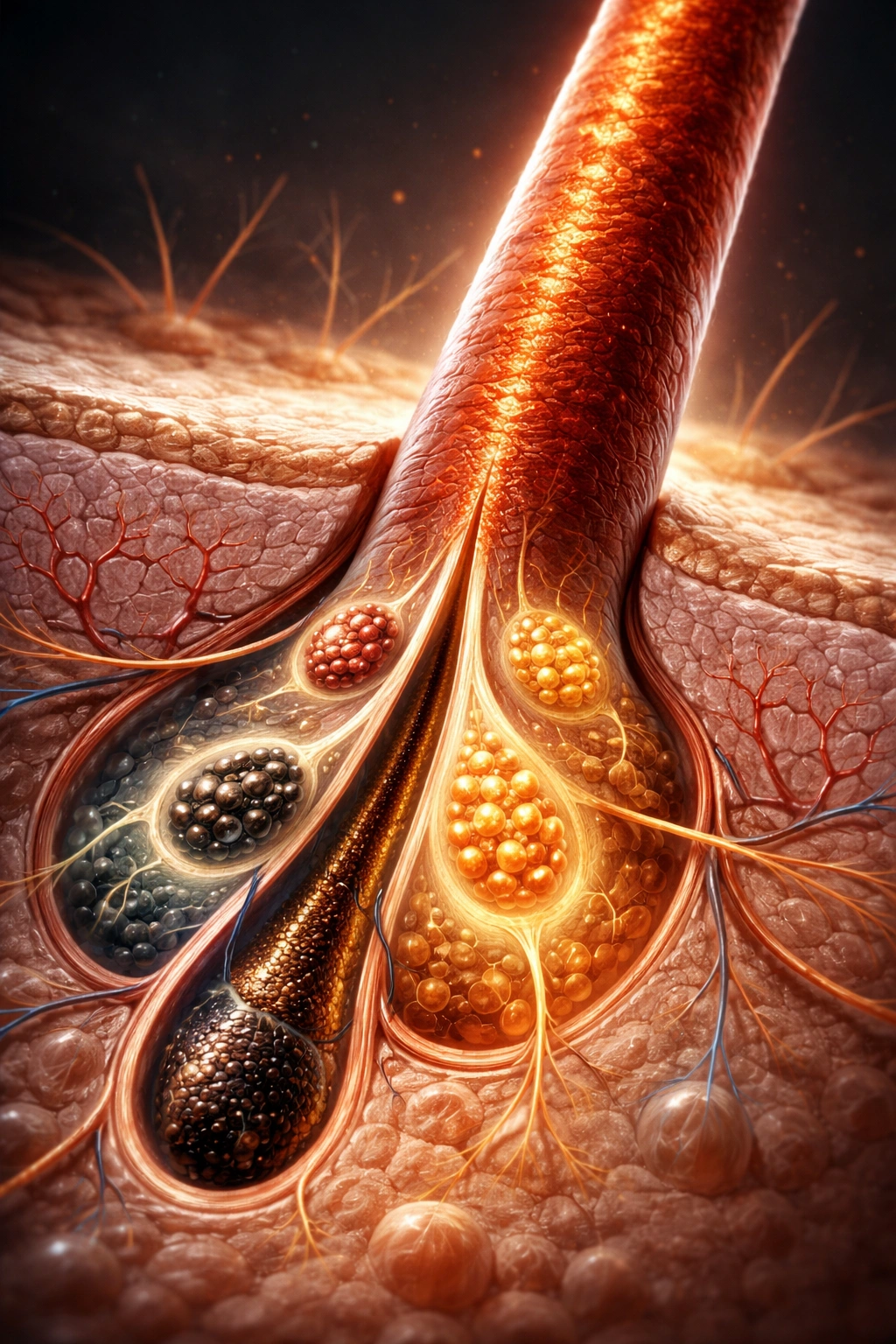 Cross-section style illustration of hair follicle with pigment-containing melanosomes.