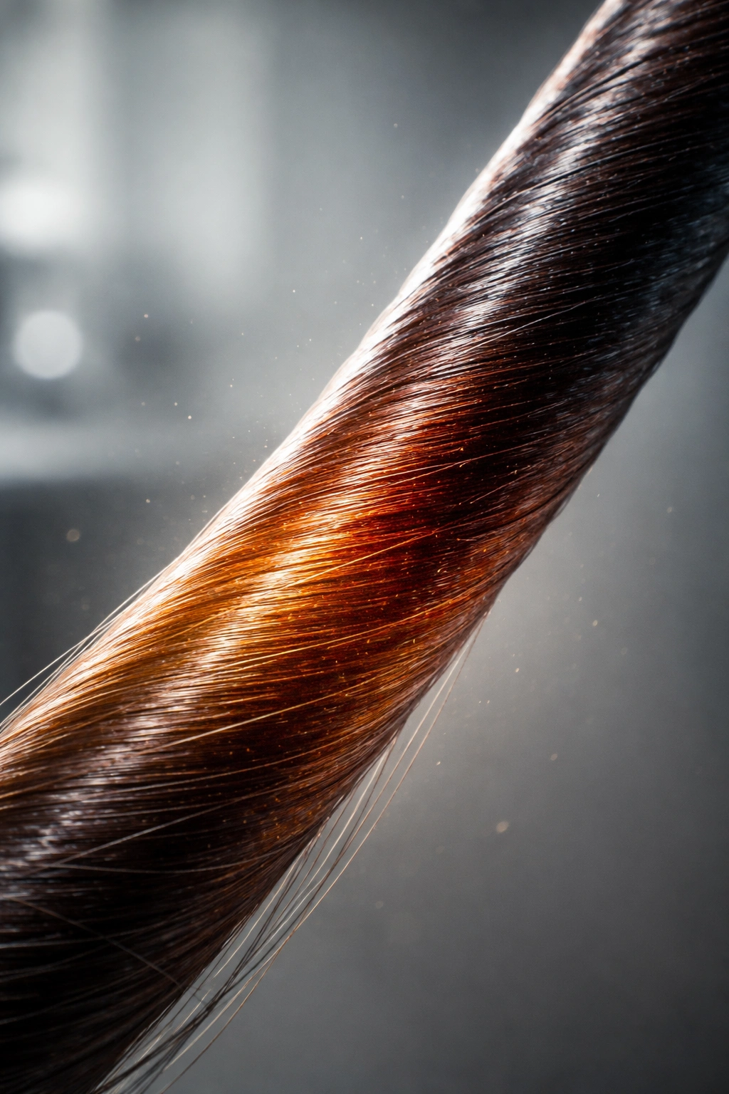 Close-up of a hair strand showing a gradient from black to brown with subtle red hints, illustrating melanin mix.
