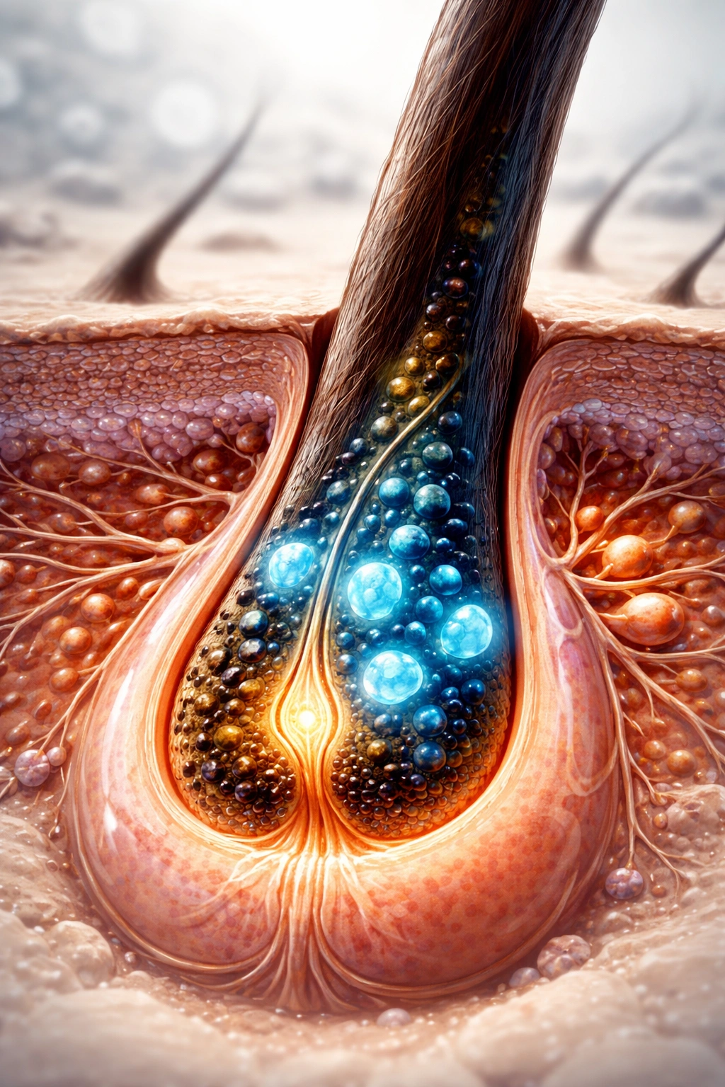 Cross-section of a hair follicle base showing melanocyte stem cells regenerating pigment