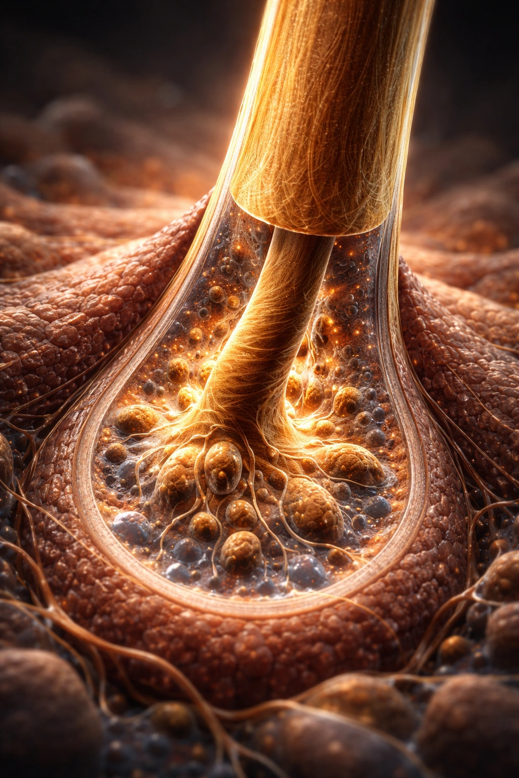 Macro cross-section of a hair follicle showing pigment-producing cells