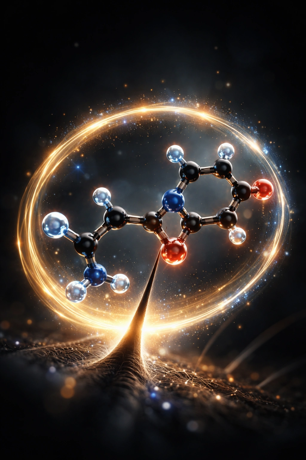 Melatonin molecule with protective halo illustrating antioxidant mechanism