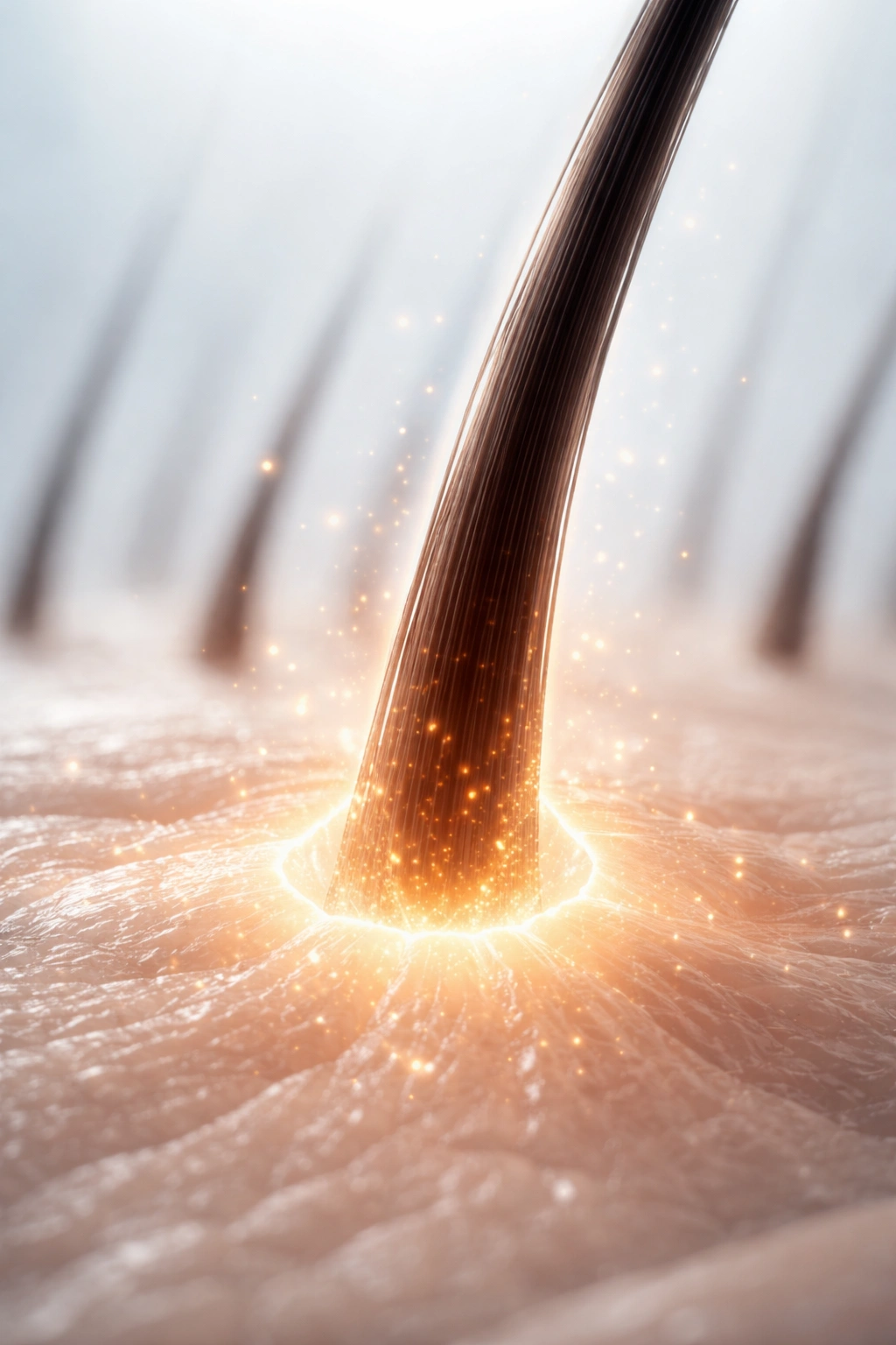 Close-up of a healthy hair strand with a soft glow around the follicle, suggesting melatonin support for hair health.