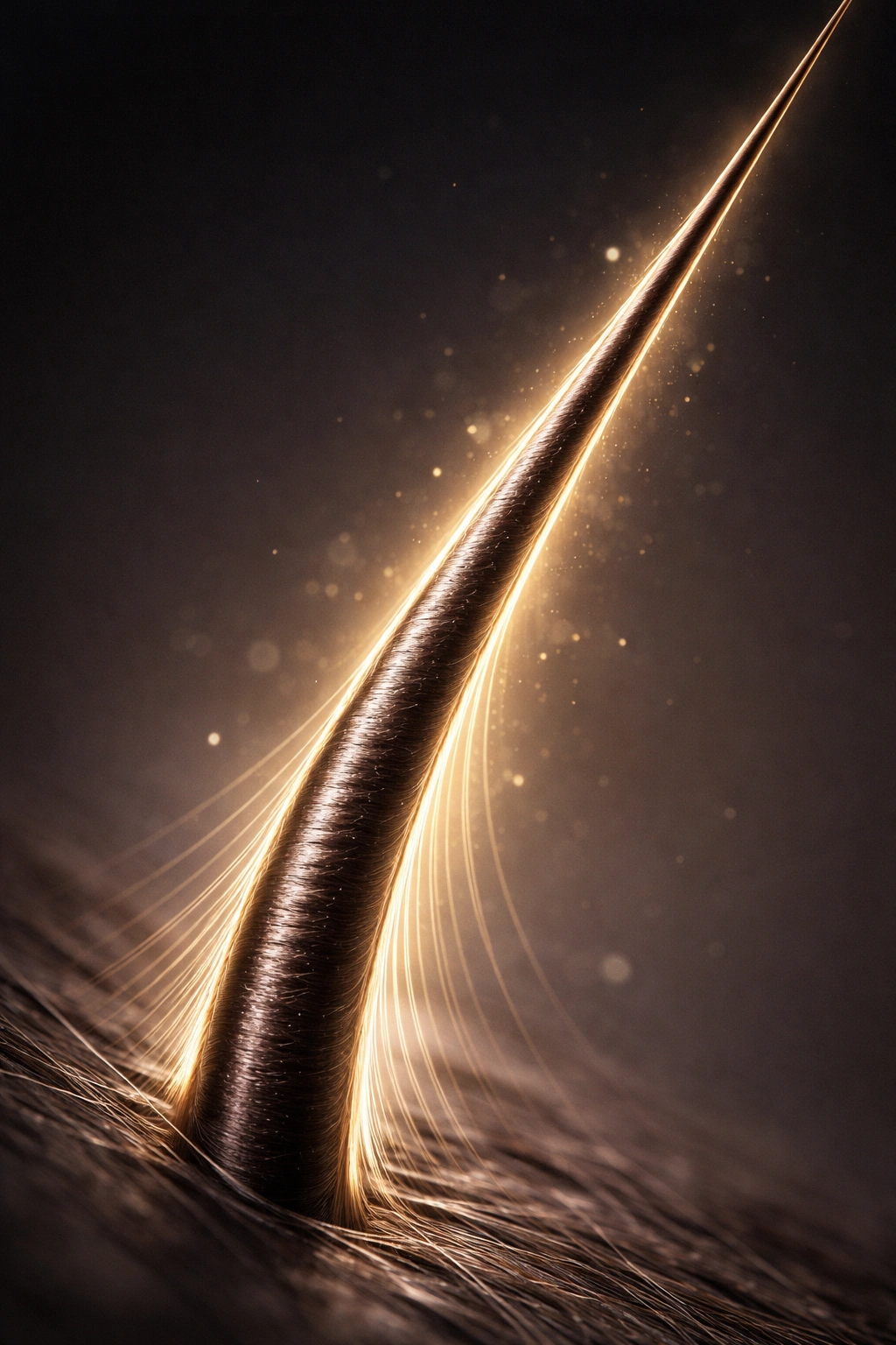 Close-up of a single hair strand with a soft glow, symbolizing key takeaways on hair health and melatonin.